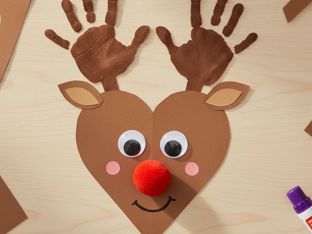 Finished paper reindeer craft made from a brown heart-shaped face with handprint antlers, googly eyes, and a fluffy red pom pom nose on a craft table