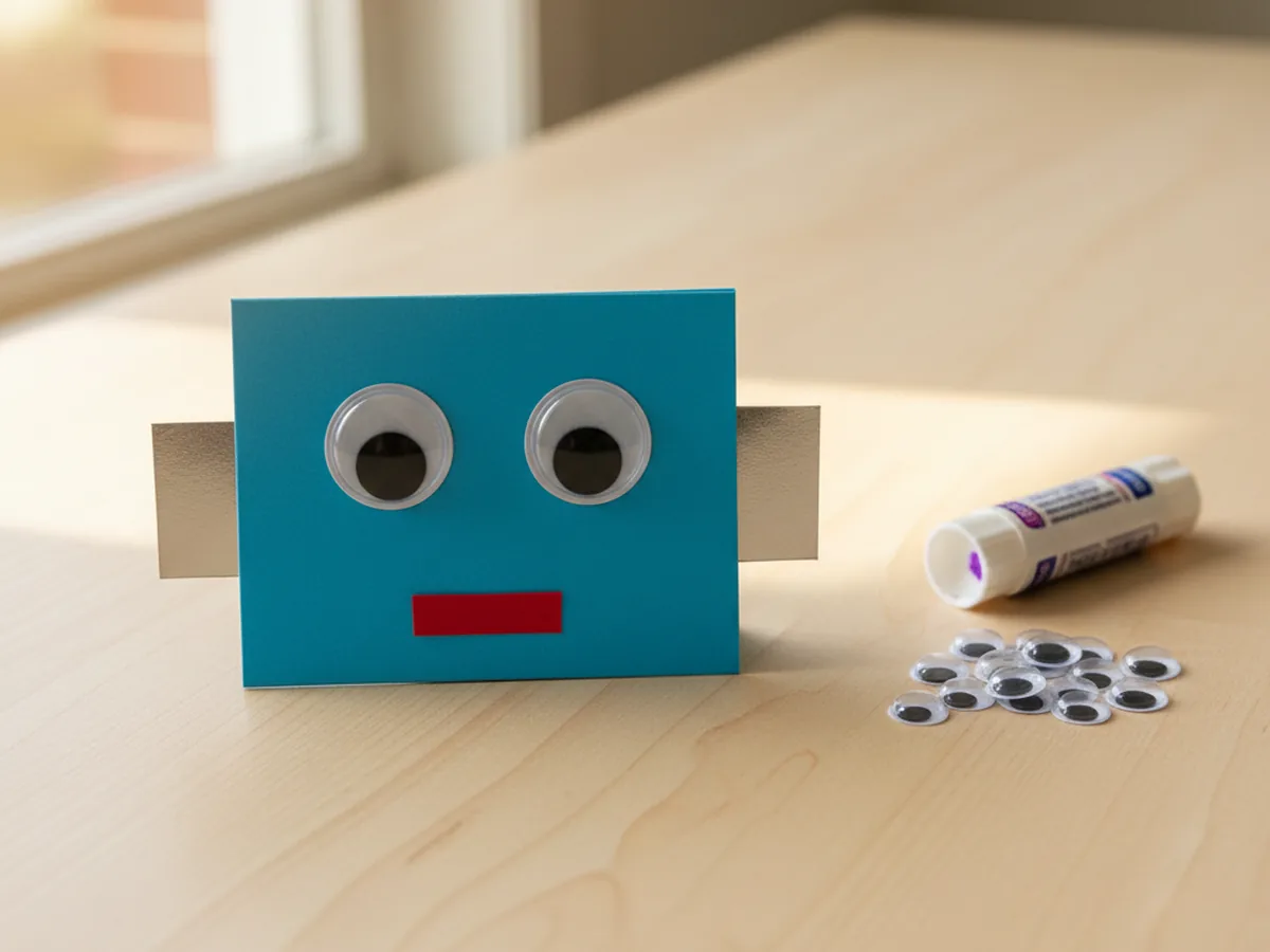 A bright blue paper robot head square with two large googly eyes stuck on, a red construction paper smiling mouth glued underneath, and small silver squares on each side as ears