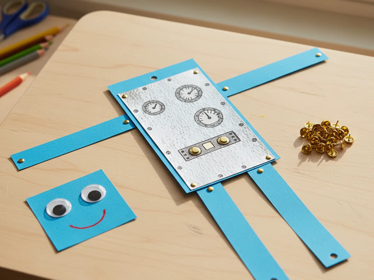 A bright blue paper robot body with two arms and two legs being attached using small gold brad fasteners pushed through the joints so the limbs can swivel