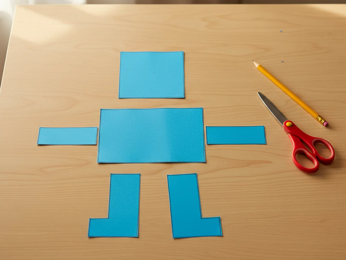 Six bright blue cardstock shapes cut for a paper robot craft, including a tall rectangle torso, a square head, two arm strips, and two leg rectangles laid out on a craft table