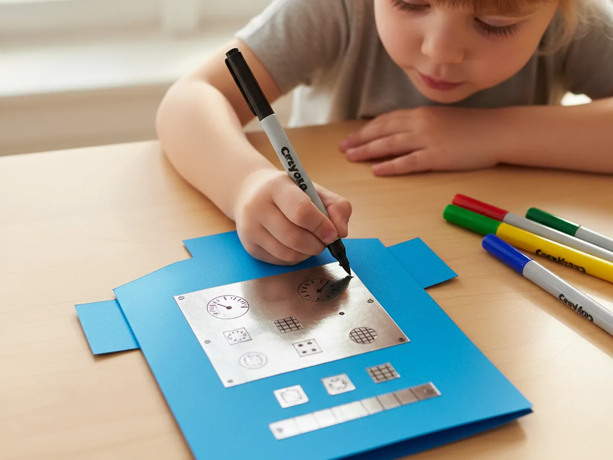 A child drawing small dials, gauges, and gear lines with a black marker on the silver chest plate of a bright blue paper robot torso on a craft table