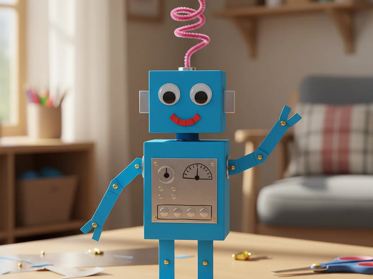 A finished bright blue paper robot craft standing upright on a craft table with a silver chest plate, googly eyes, a smiling red mouth, gold brad fasteners on swiveling arms and legs, and a curled pink pipe cleaner antenna