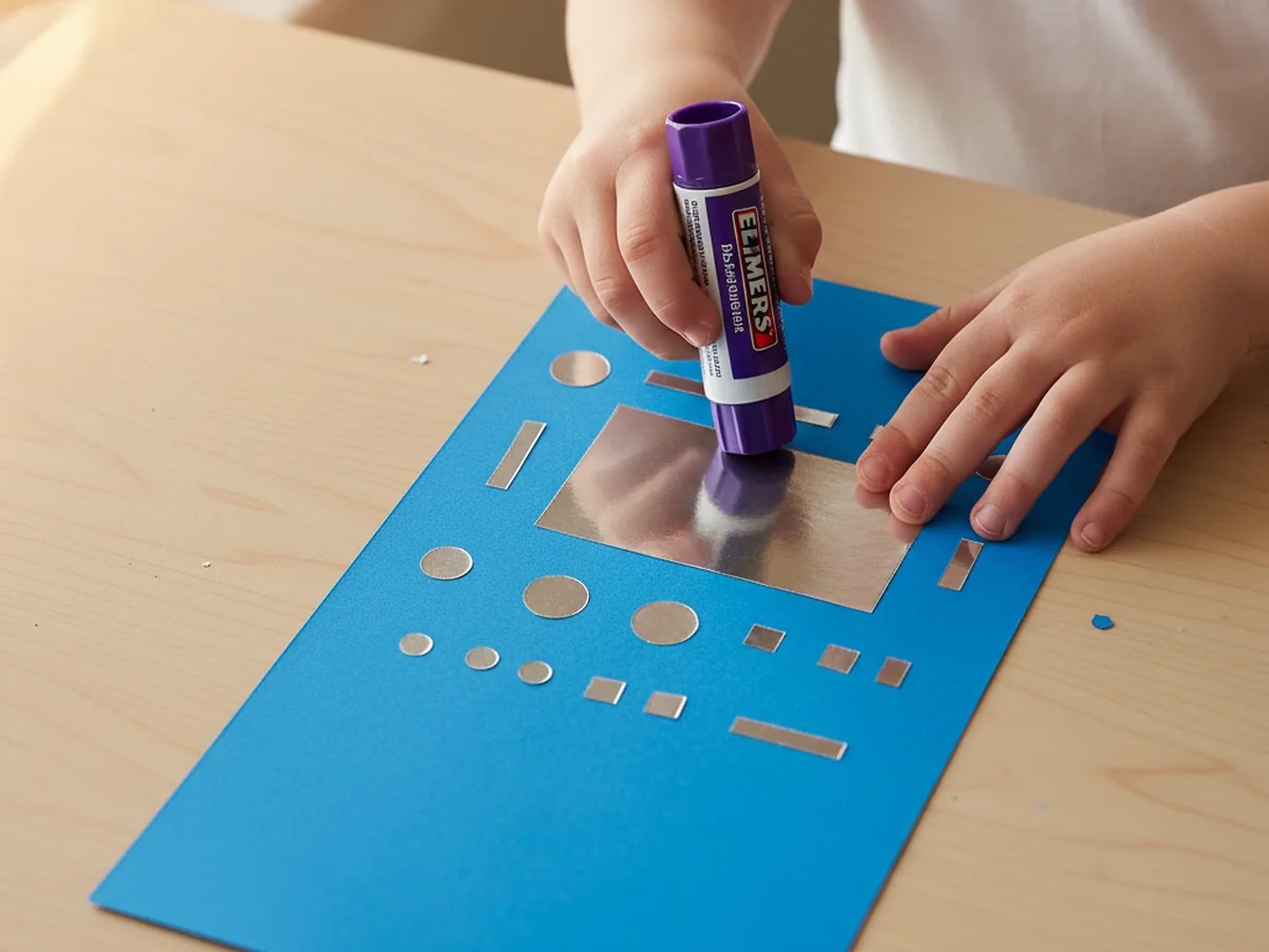 A child's hands gluing small silver metallic cardstock circles, squares, and a chest plate rectangle onto a bright blue paper robot torso laid flat on a craft table