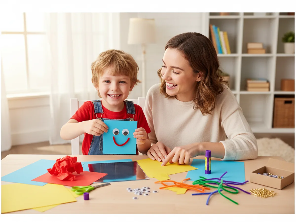 A mom and young child sitting at a craft table, smiling together as they begin a paper robot craft with bright cardstock, silver paper, googly eyes, and brad fasteners