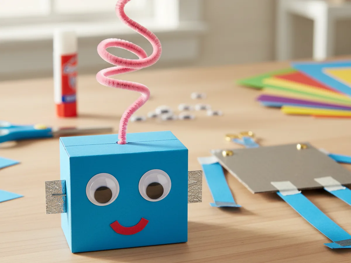 A bright blue paper robot head with a curled pink pipe cleaner antenna pushed through a small hole at the top, with the antenna spiraled into a fun loop above the robot's googly eyes