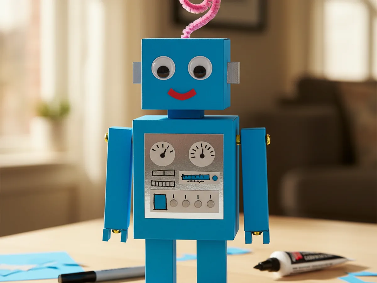Finished paper robot craft made from bright blue cardstock with a silver chest plate, googly eyes, brad fasteners on the arms and legs, and a pink pipe cleaner antenna on a craft table