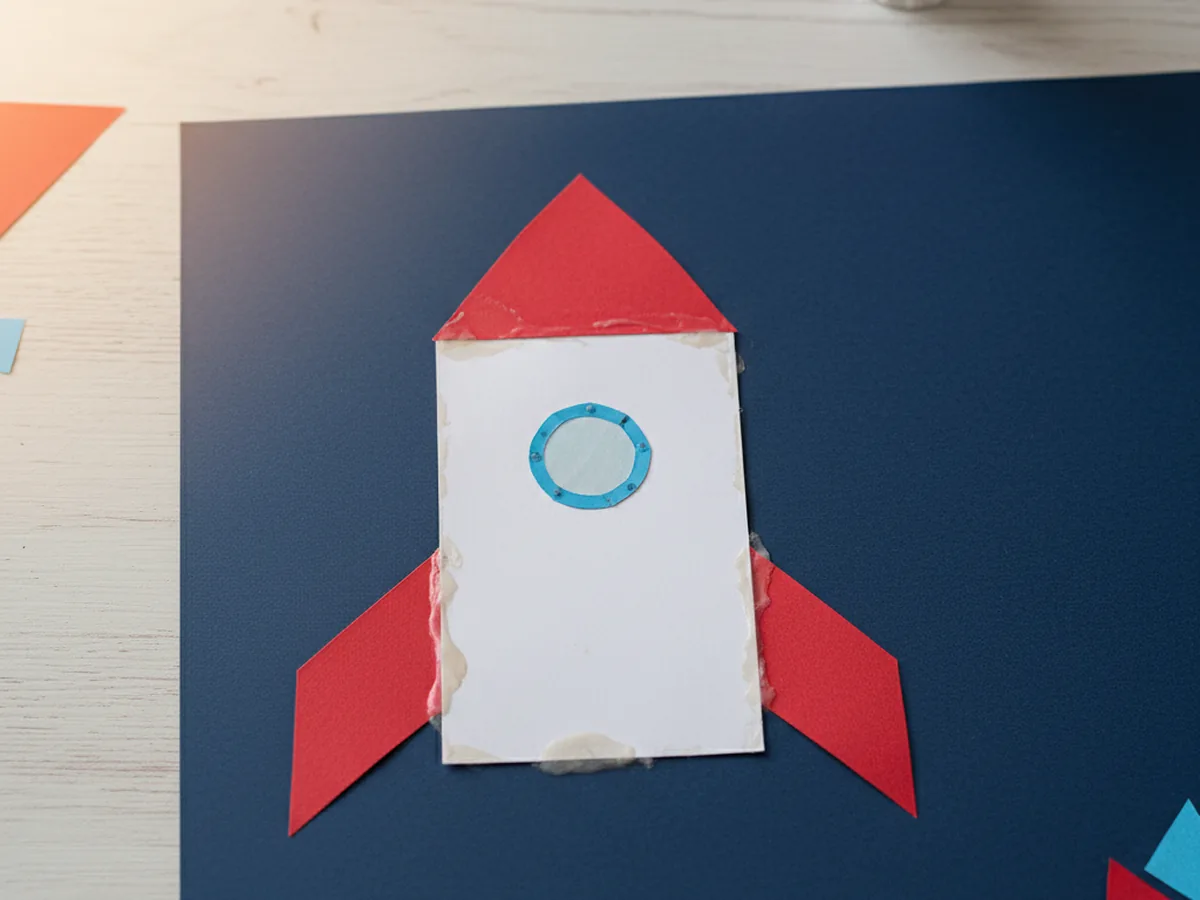 The white rocket body, red nose cone, two red fins, and light blue porthole window glued together to form a full rocket on the dark blue background paper