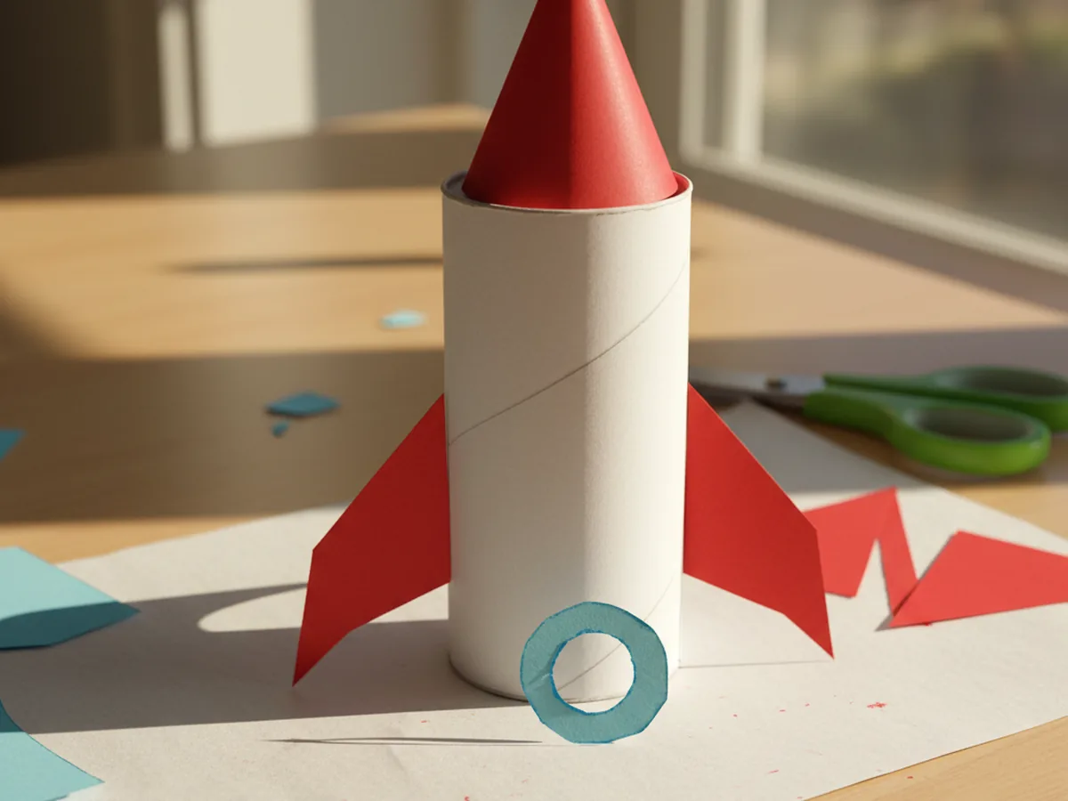 A small light blue paper circle cut out as the porthole window, sitting next to the white rocket body, red nose cone, and red fins on a craft table
