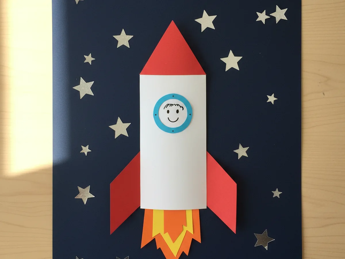 Finished decorated paper rocket craft on dark blue background scattered with silver foil star stickers and a tiny smiling astronaut face drawn in the porthole window