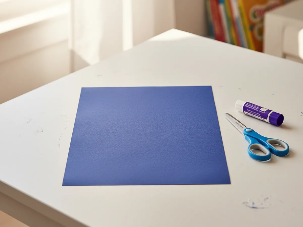 A sheet of dark blue construction paper laid flat on a white craft table, ready to be the starry night sky background for the rocket
