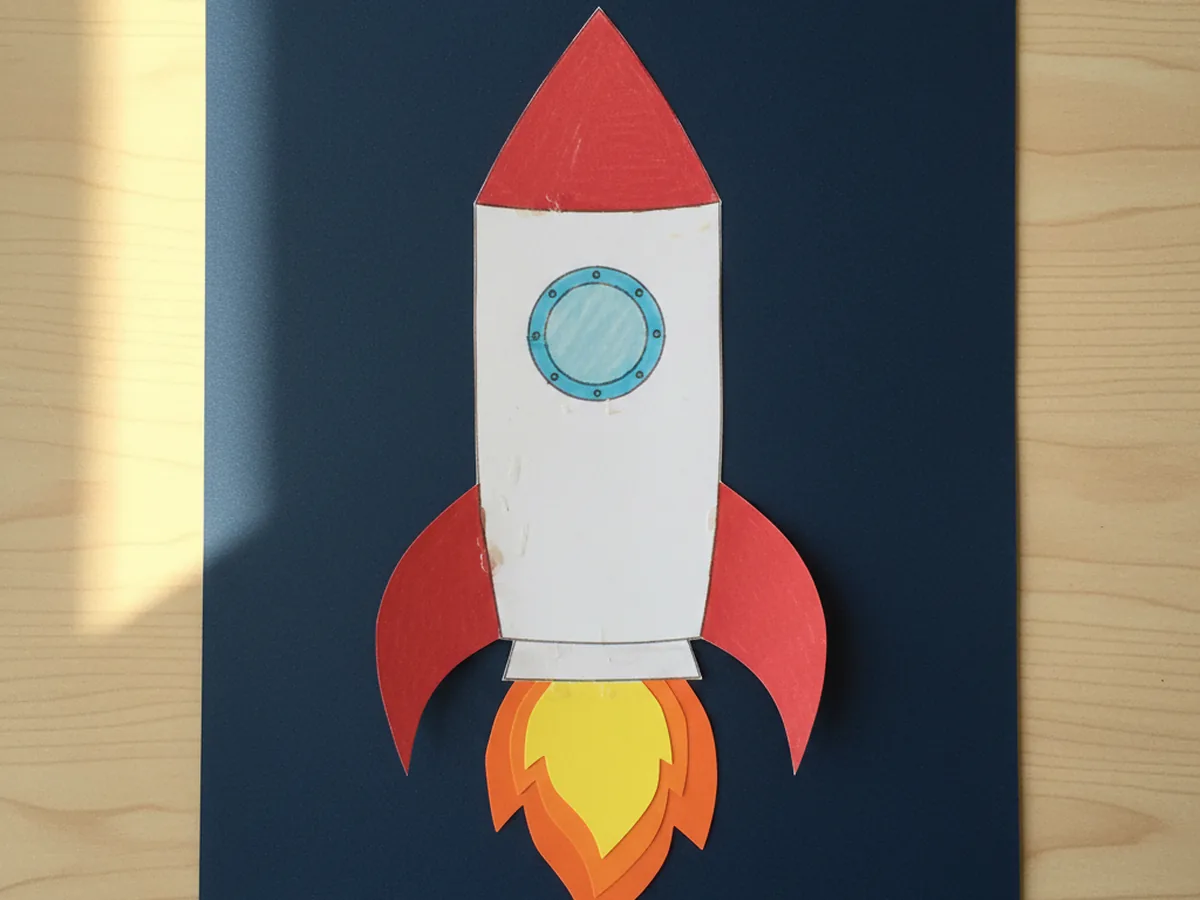 Wavy orange and yellow paper flames glued just below the bottom of the rocket on the dark blue background, layered to look like booster flames