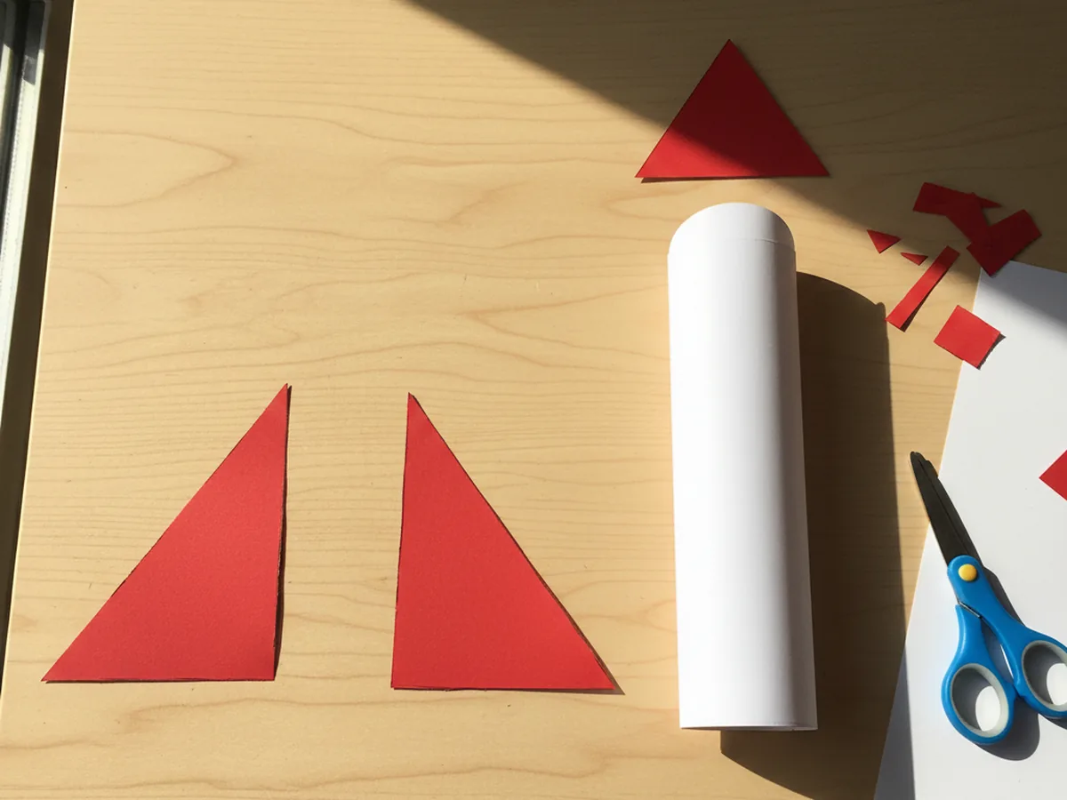 Two red paper right-angled triangle fins cut out and arranged as mirror images on a craft table next to the rocket body and nose cone
