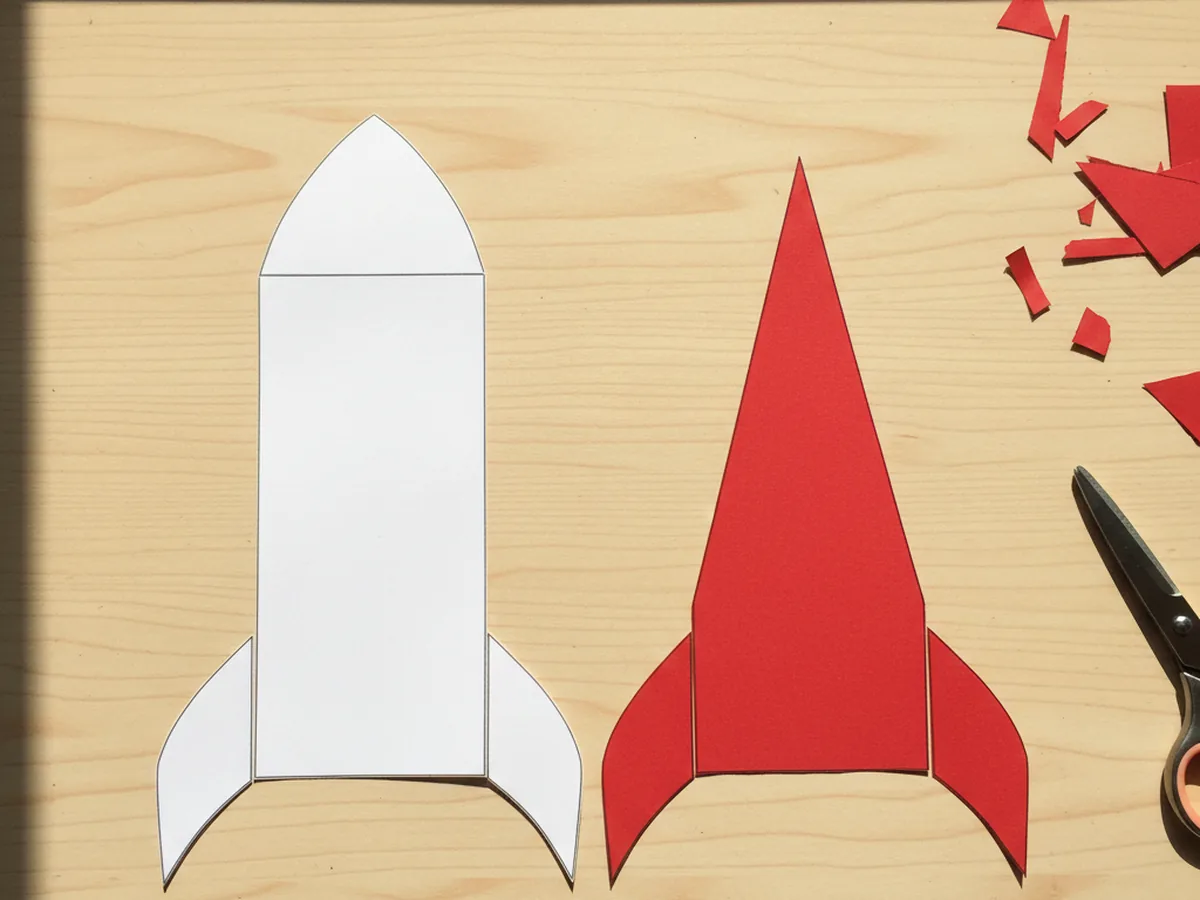 A red paper triangle nose cone cut out and lying next to the white rocket body on a craft table