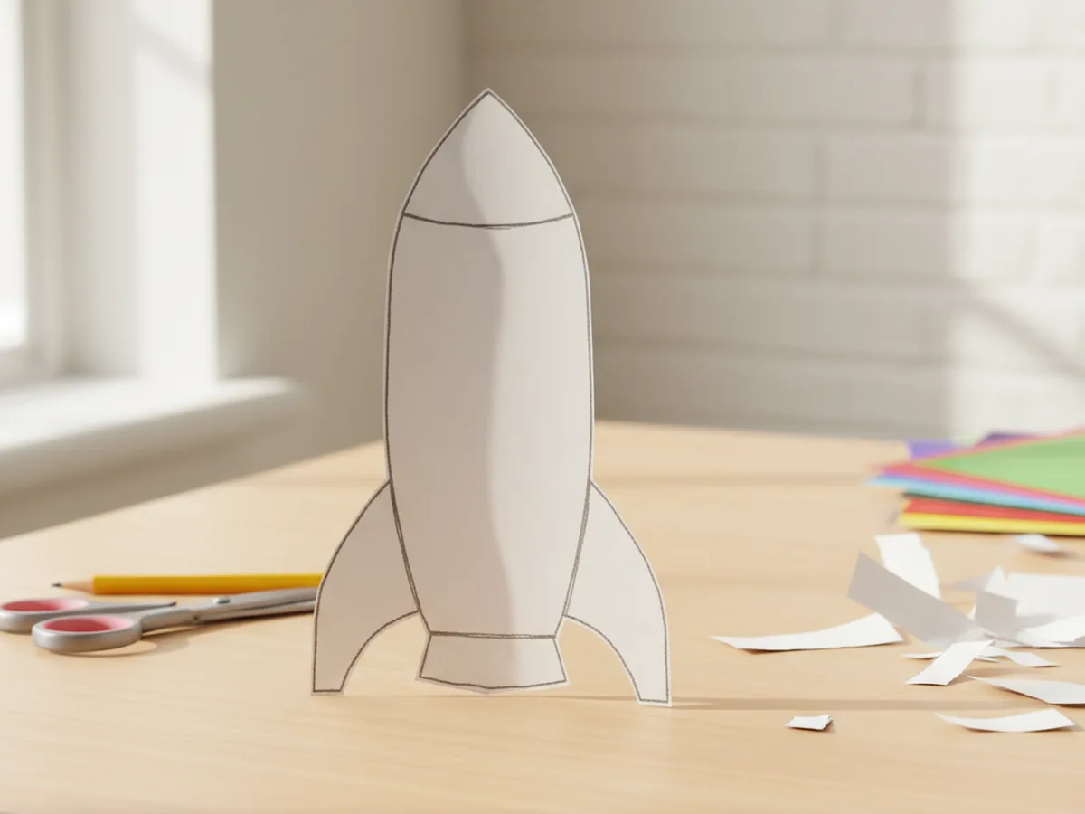 A tall white paper rectangle with the top two corners rounded, cut out as the rocket body, lying on a craft table next to scissors and a pencil