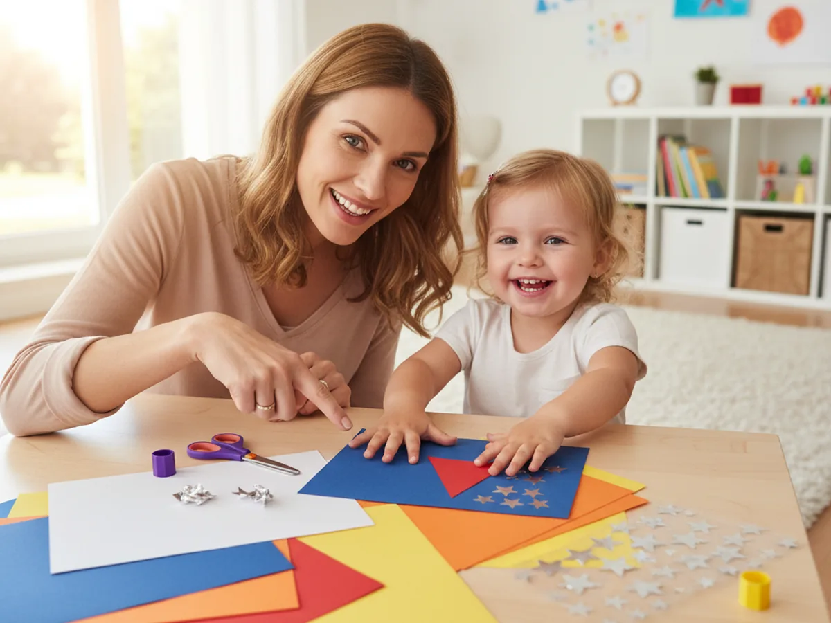 A mom and young child sitting together at a craft table with colored construction paper, scissors, and star stickers, starting a paper rocket craft