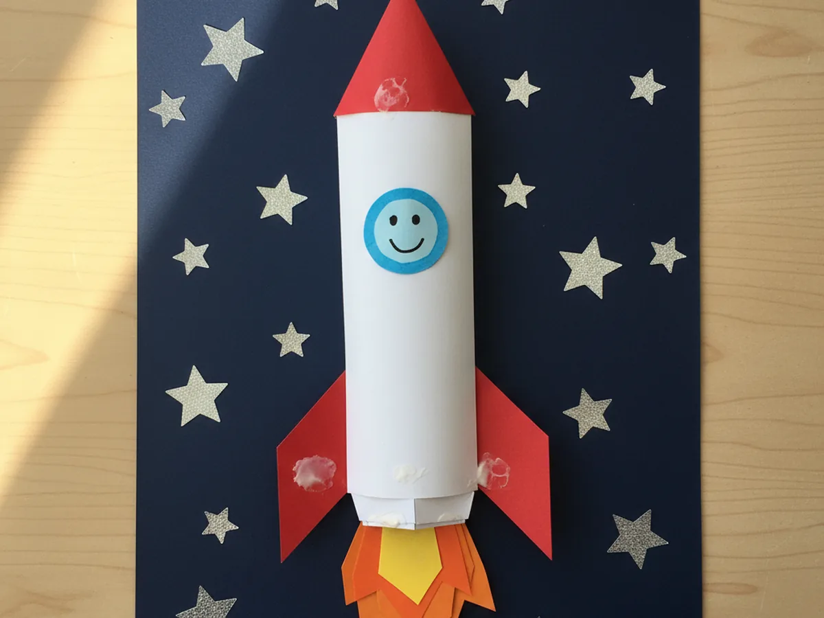 Finished paper rocket craft with white body, red nose cone and fins, blue porthole, and orange flames on a dark blue starry background