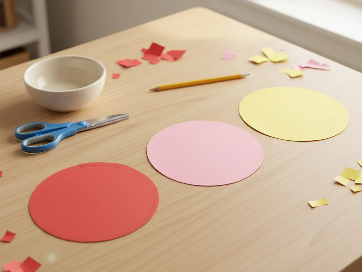Three round circles cut from red, pink, and yellow construction paper laid out on a craft table next to scissors and a small bowl used as a template for the paper roses craft