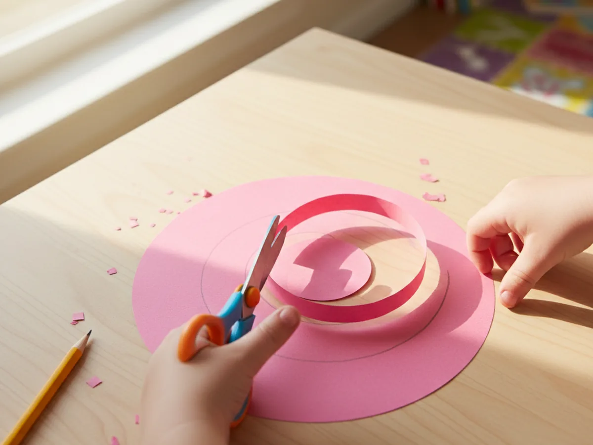 A child's hands using kid-safe scissors to cut along a pencil spiral line inside a pink paper circle, with the curling strip beginning to separate from the small center disk