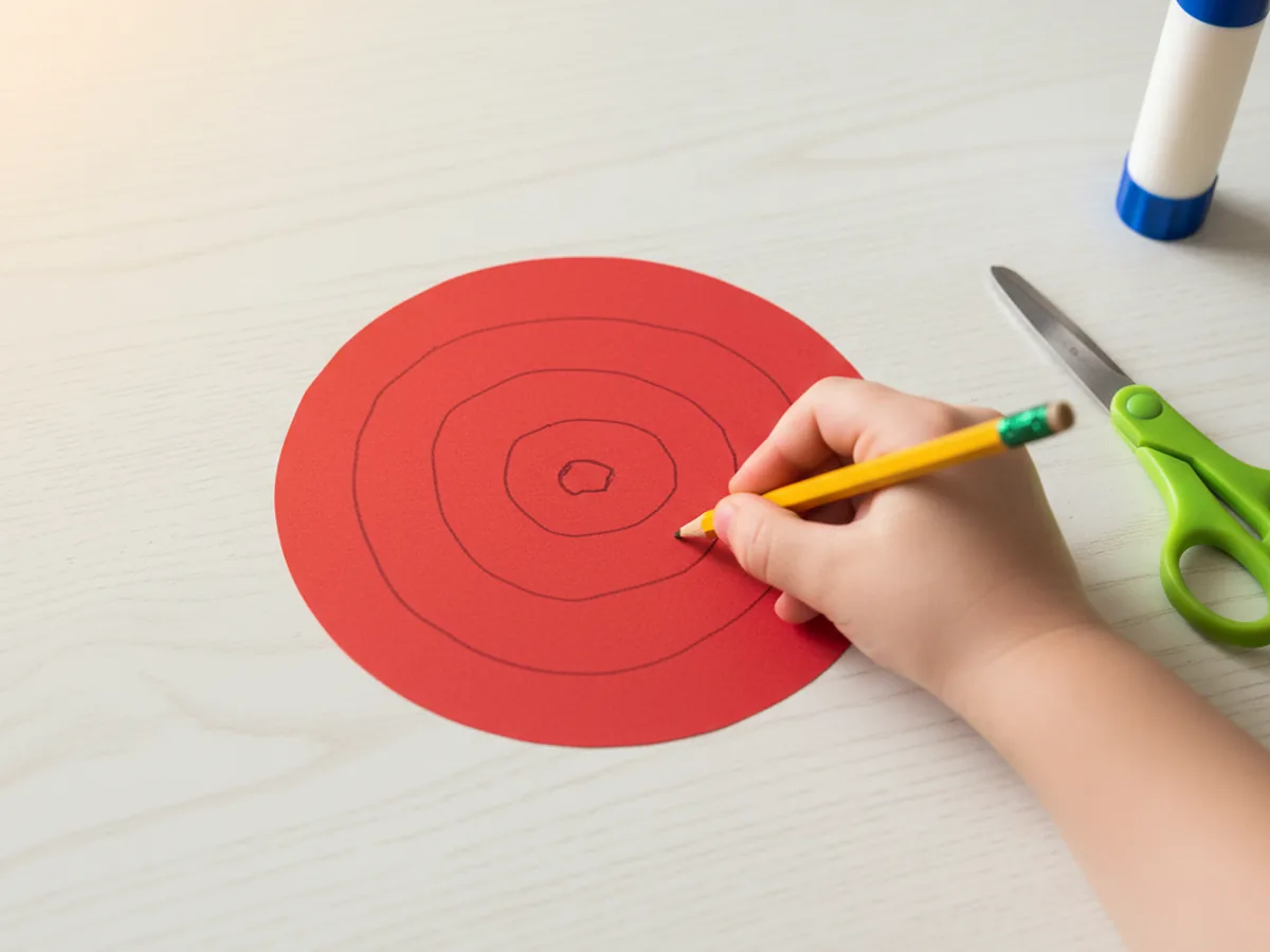 A pencil drawing a wavy spiral line from the outer edge toward the center inside a red construction paper circle on a craft table for the paper roses craft
