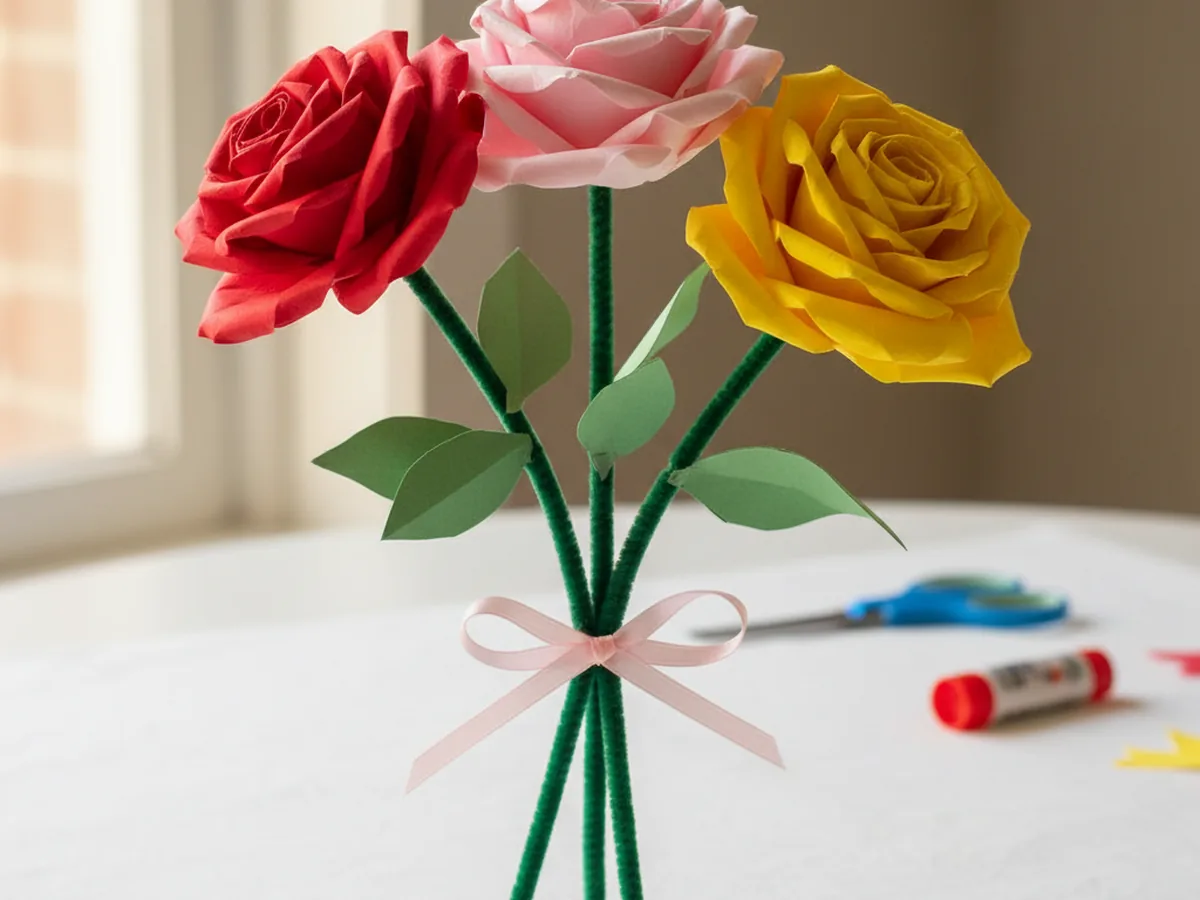 A finished bouquet of three rolled paper roses in red, pink, and yellow with green leaves and green pipe cleaner stems tied with a ribbon and arranged on a craft table