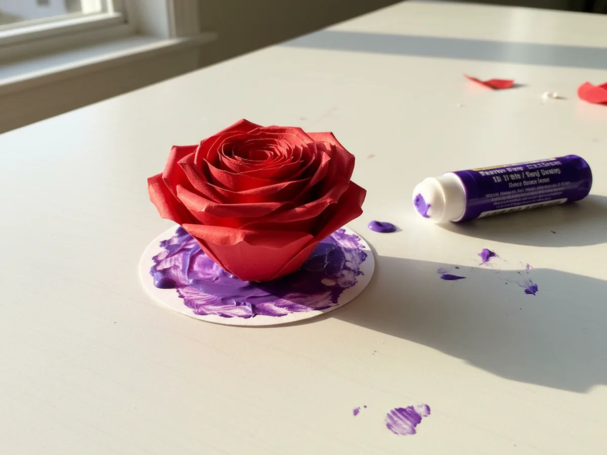 A finished rolled paper rose pressed firmly onto its small paper disk base with washable glue stick, showing the layered red petals holding their shape on the craft table