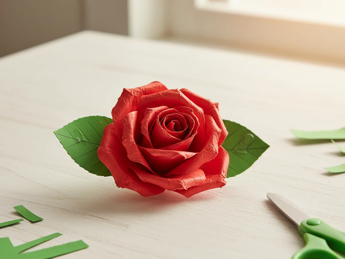 Two green construction paper leaves glued to the back of a rolled red paper rose so they peek out from below the petals on a craft table