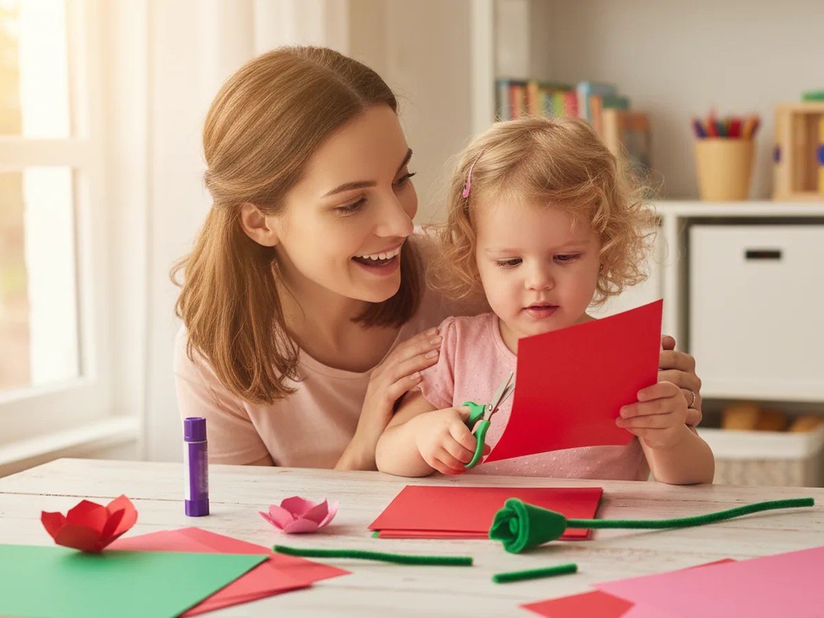 A mom and young child sitting at a craft table with red and pink construction paper, scissors, and a glue stick getting ready to make a paper roses craft together
