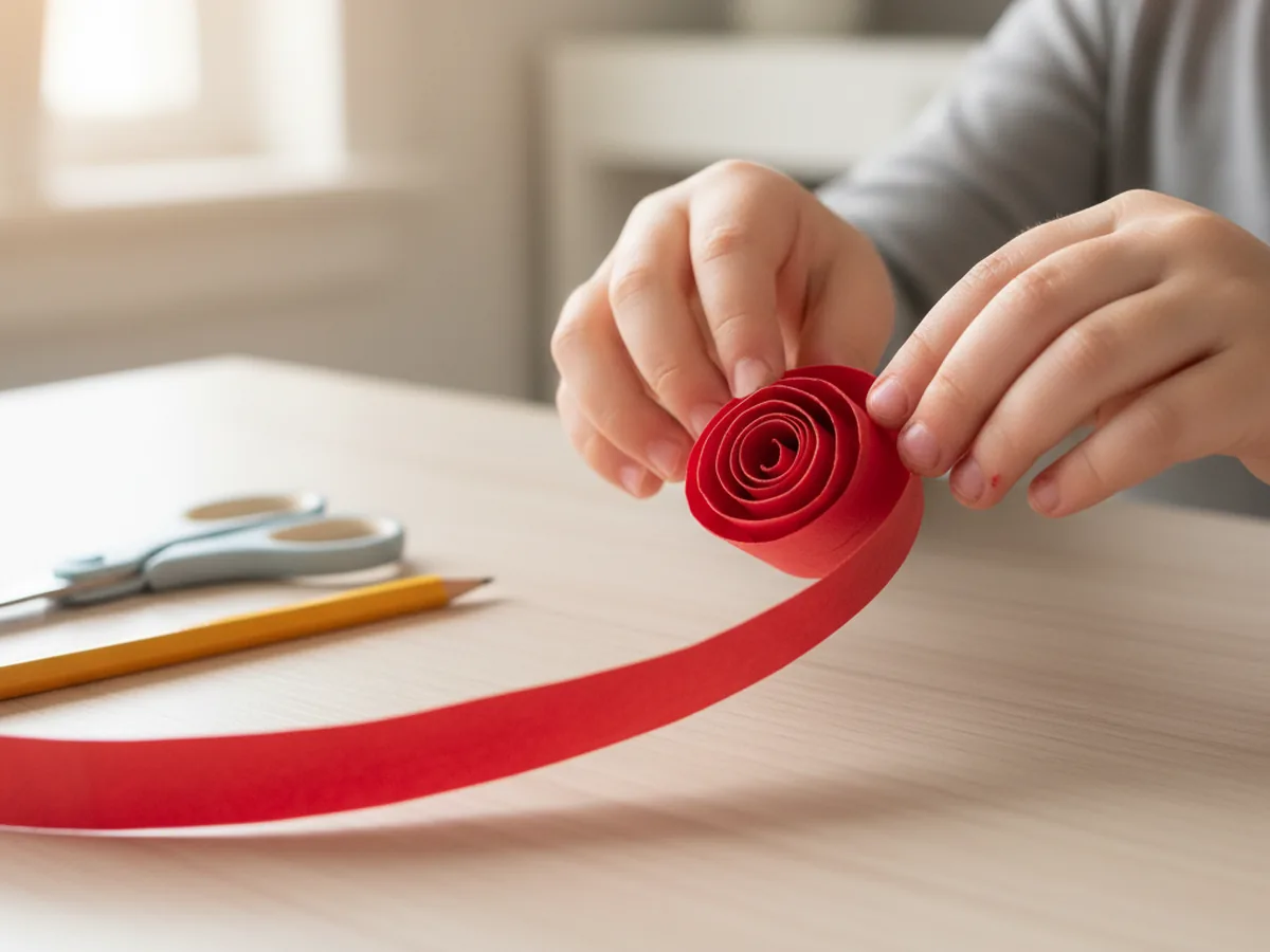 Two hands rolling a red paper spiral strip tightly from the outer edge toward the center to form the layered petals of a paper rose for the paper roses craft