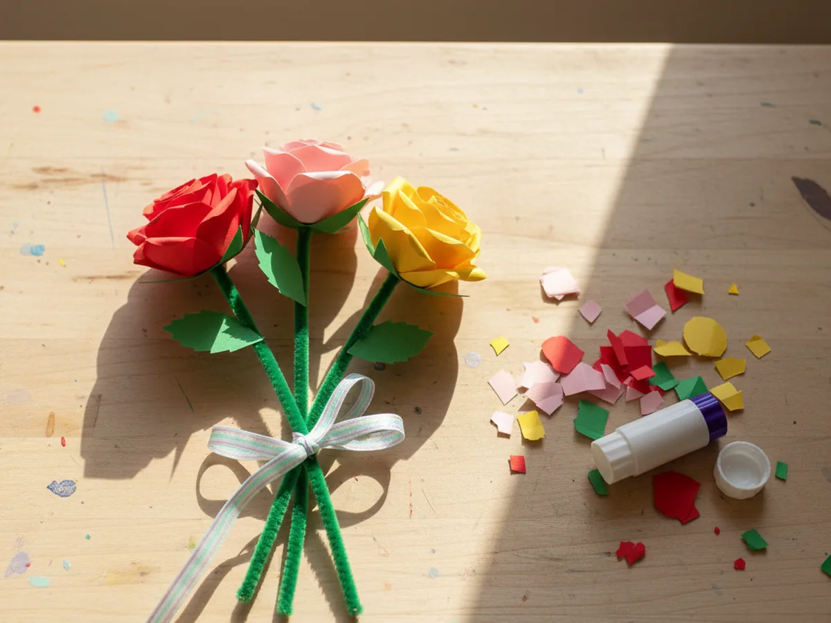 Finished paper roses craft bouquet of red, pink, and yellow rolled paper roses with green leaves and pipe cleaner stems on a white craft table