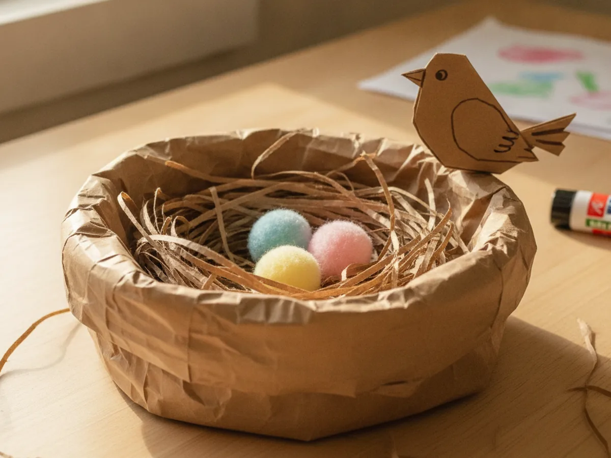 Handmade paper bag bird's nest with a rolled rim filled with shredded paper and small pom-pom eggs