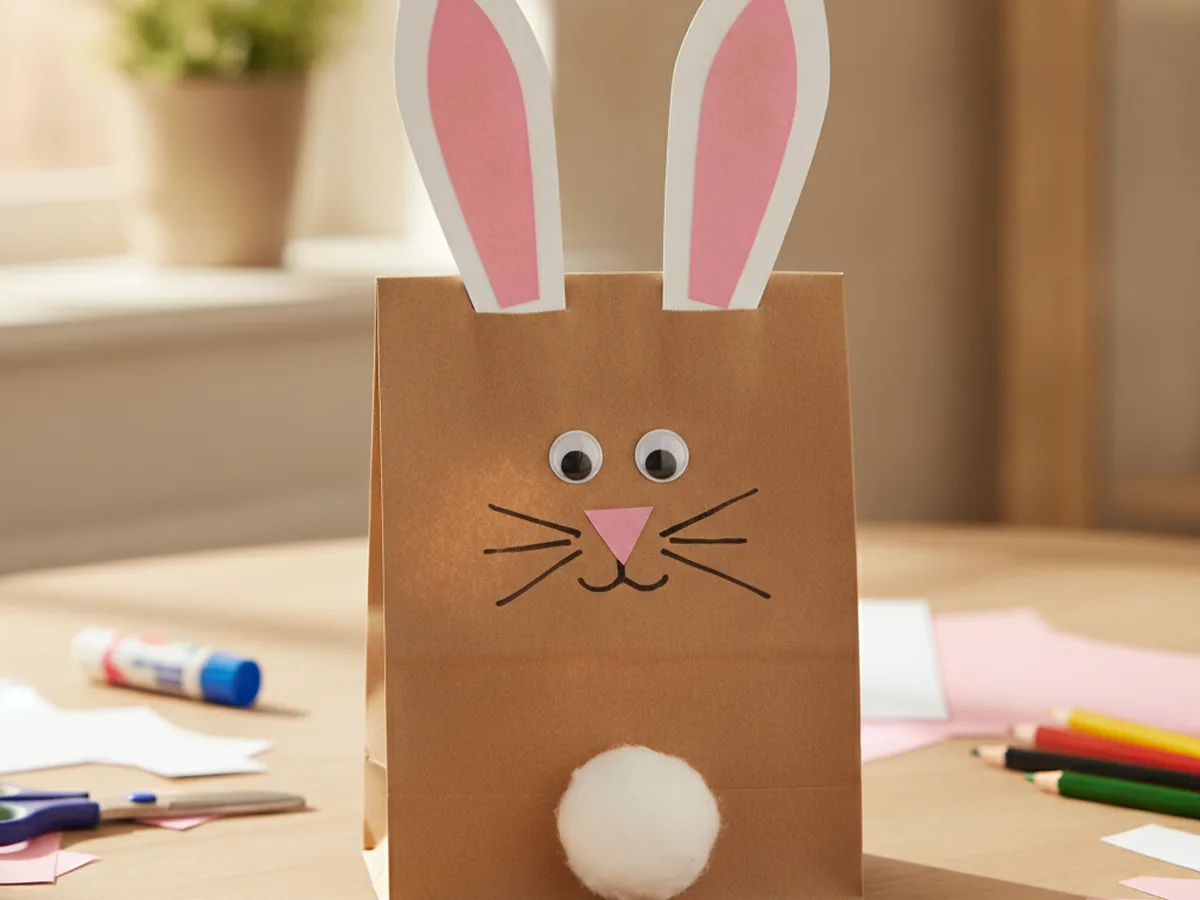 Handmade paper bag bunny puppet with tall white ears, a pink nose, marker whiskers, and a cotton ball tail