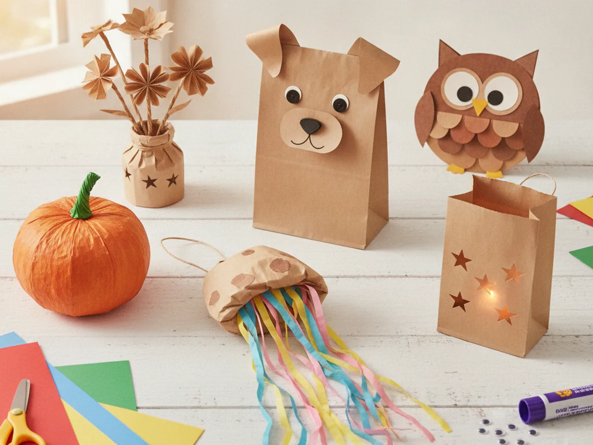 A spread of handmade paper sack crafts including a puppy puppet, owl, jellyfish, pumpkin, and lantern on a craft table
