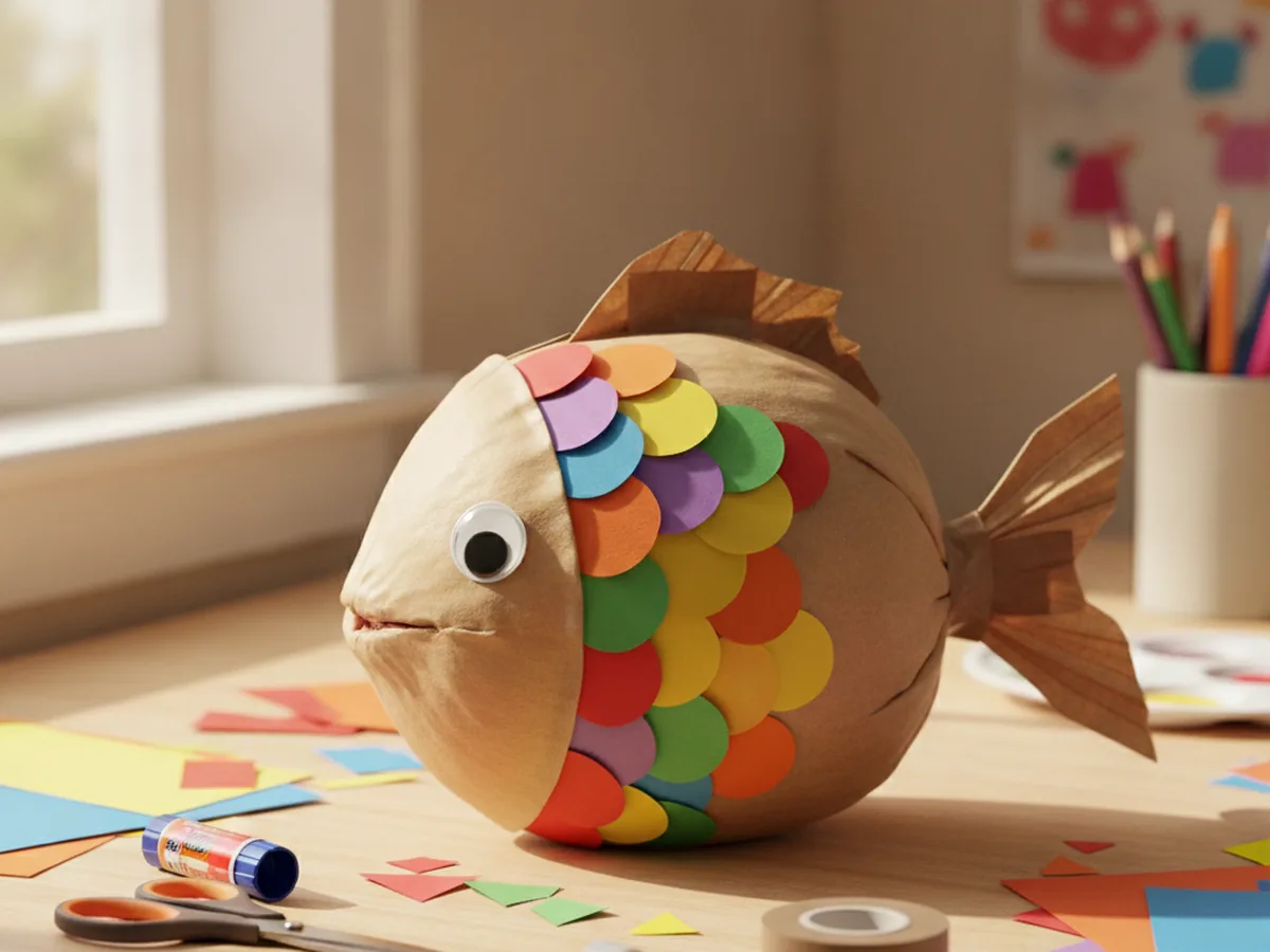 Handmade stuffed paper bag fish with a pinched paper tail and overlapping colorful paper scales
