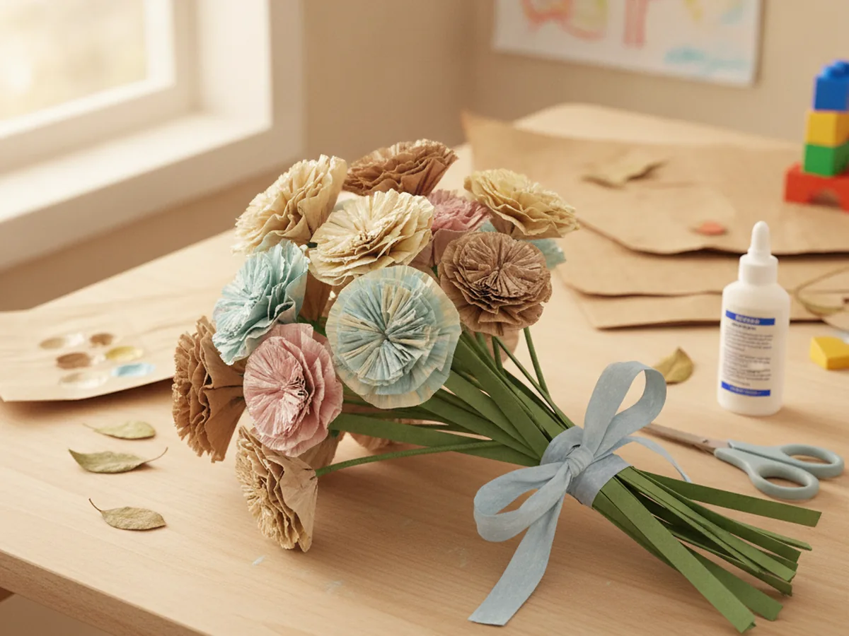 Handmade bouquet of paper bag flowers with pinched centers on stems, tied together with a ribbon