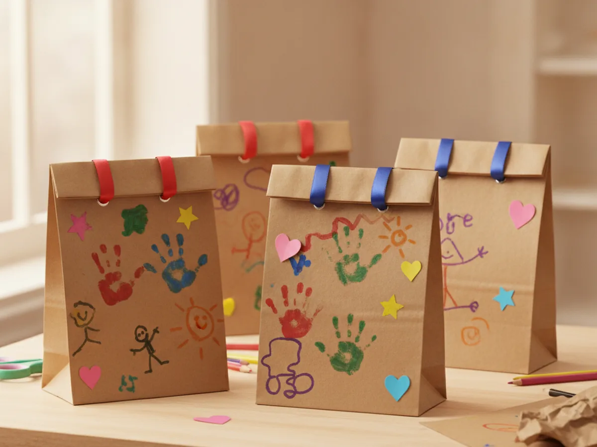 Handmade decorated paper gift bags with child's stamps and drawings and ribbon handles threaded through the top