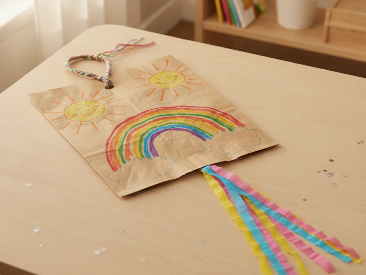 Handmade paper bag kite decorated with marker drawings, a yarn handle, and a long crepe paper streamer tail