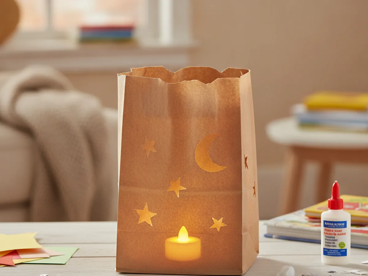 Handmade paper bag lantern with cut-out star windows glowing warmly from a flameless LED tea light inside