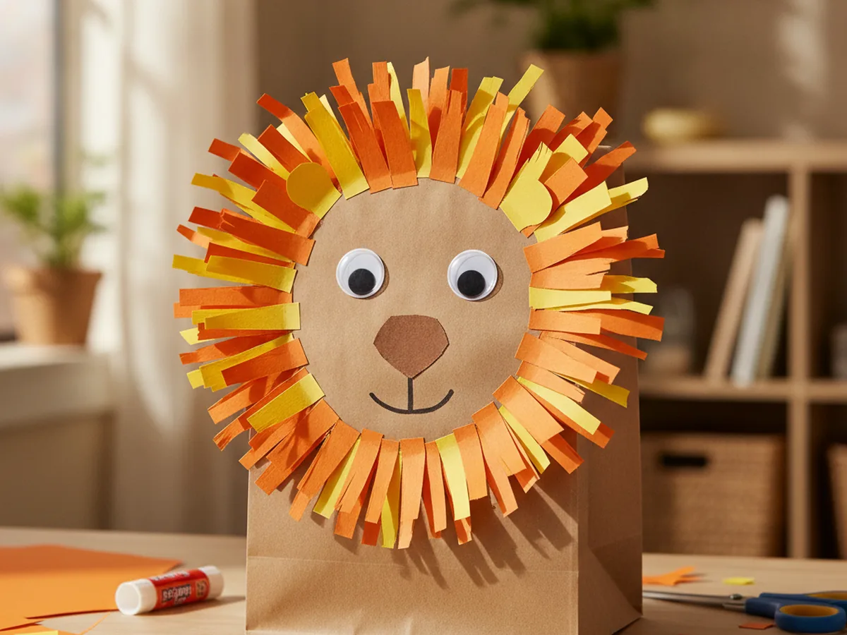 Handmade paper bag lion with a shaggy orange and yellow fringed paper mane, round nose, and googly eyes