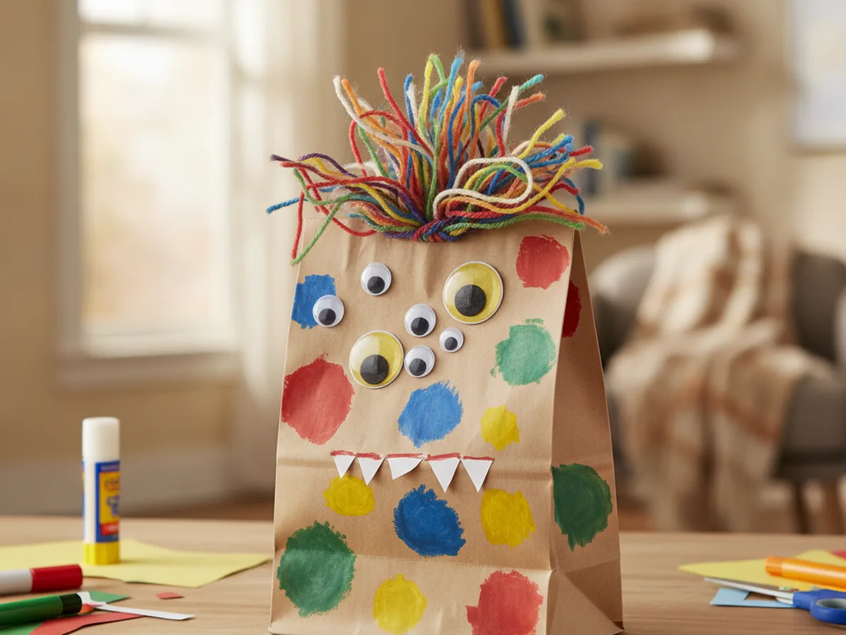 Silly handmade paper bag monster puppet with mismatched googly eyes, jagged paper teeth, and wild yarn hair
