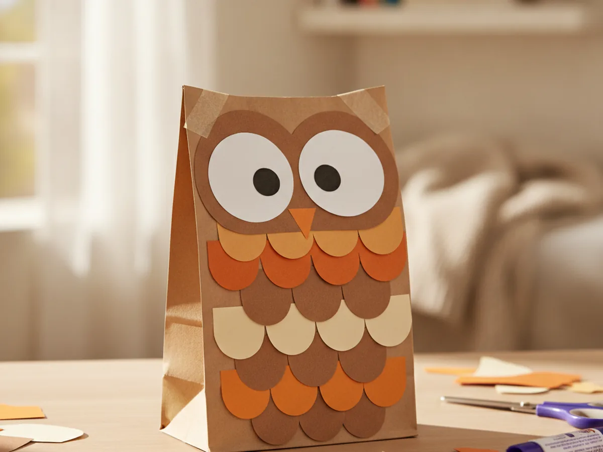 Handmade paper bag owl with layered construction paper feathers, large round eyes, and a small orange beak