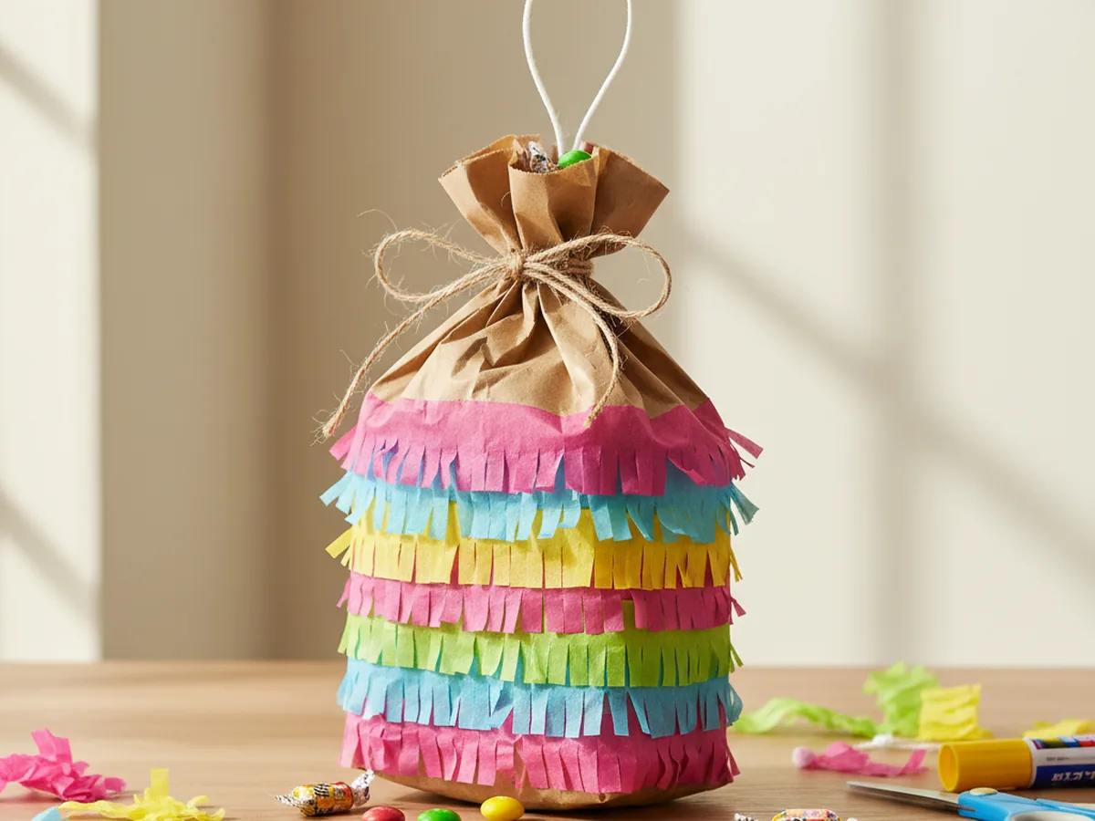 Handmade paper bag piñata covered in colorful fringed tissue paper rows and hanging from a string