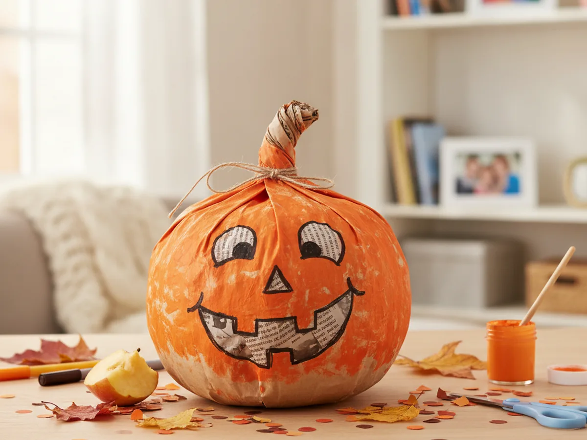 Handmade stuffed paper bag pumpkin painted orange with a twisted stem top and a drawn jack-o-lantern face