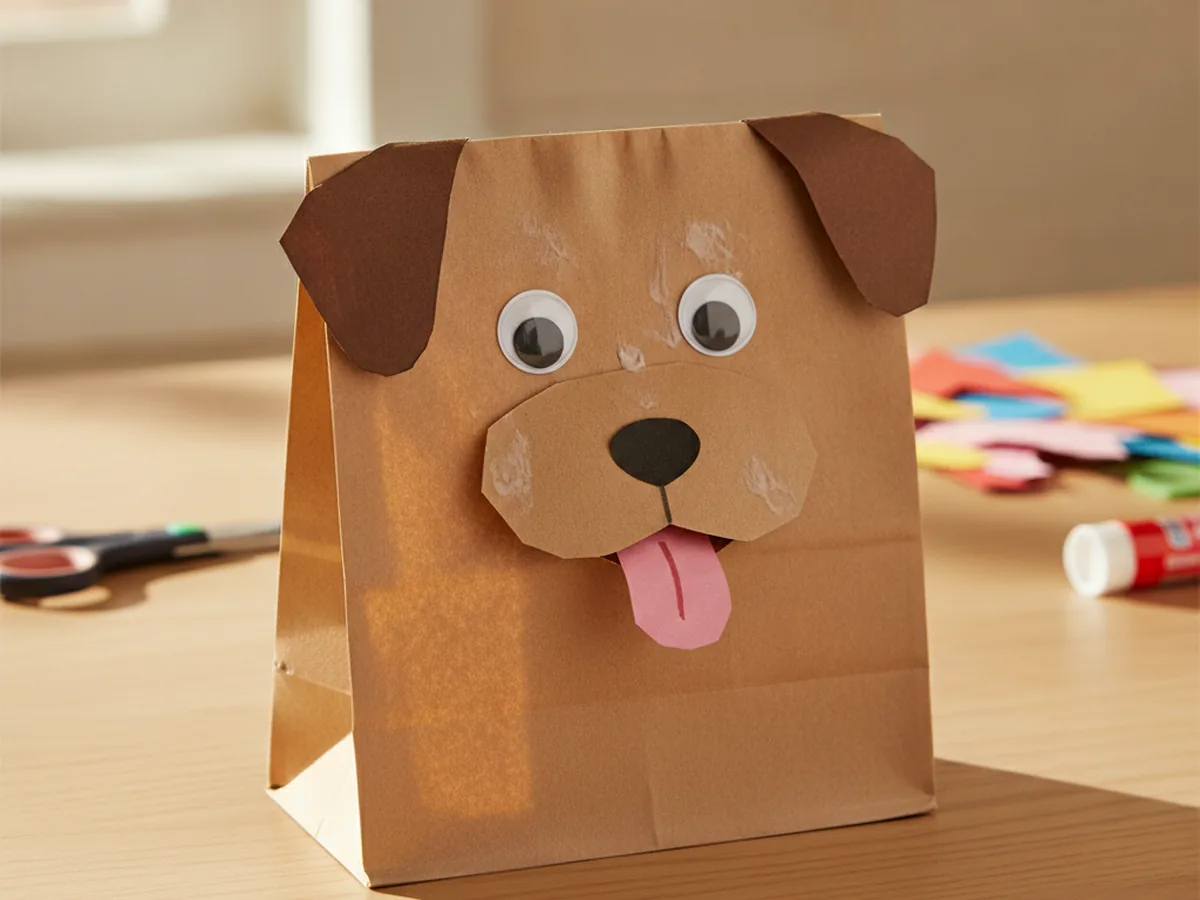 Handmade brown paper bag puppy puppet with floppy paper ears, googly eyes, and a pink paper tongue