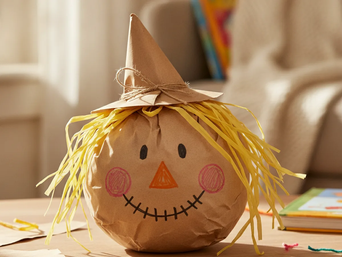 Handmade stuffed paper bag scarecrow head with yarn hair, a small paper hat, and a cheerful drawn face