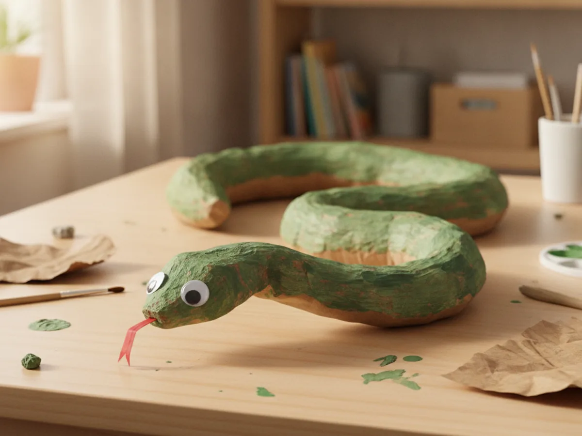Handmade paper bag snake rolled into a long tube, painted green with a forked red paper tongue and googly eyes
