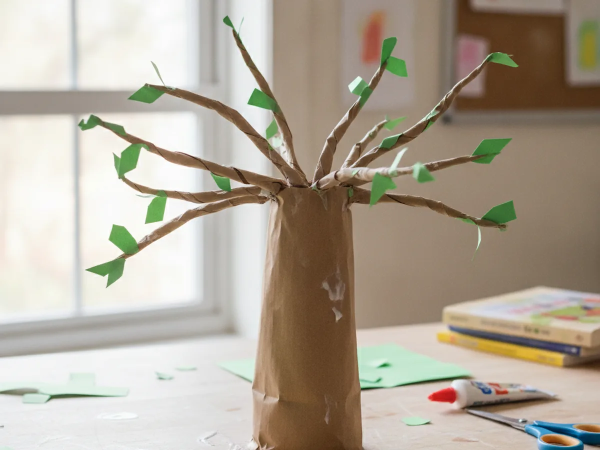 Handmade paper bag tree twisted from a rolled bag with branches and small green paper leaves on a craft table