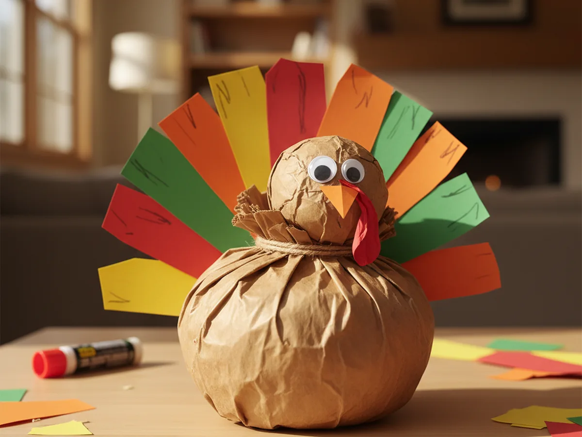 Handmade stuffed paper bag turkey with a fan of colorful construction paper feathers, a round head, beak, and red wattle