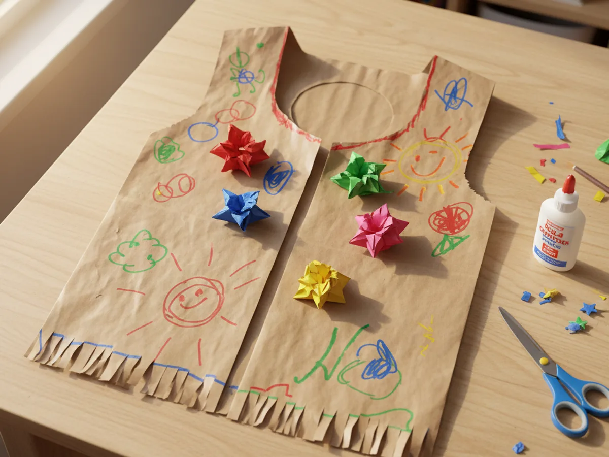 Handmade brown paper grocery bag vest with armholes, a fringed bottom edge, and colorful marker decorations
