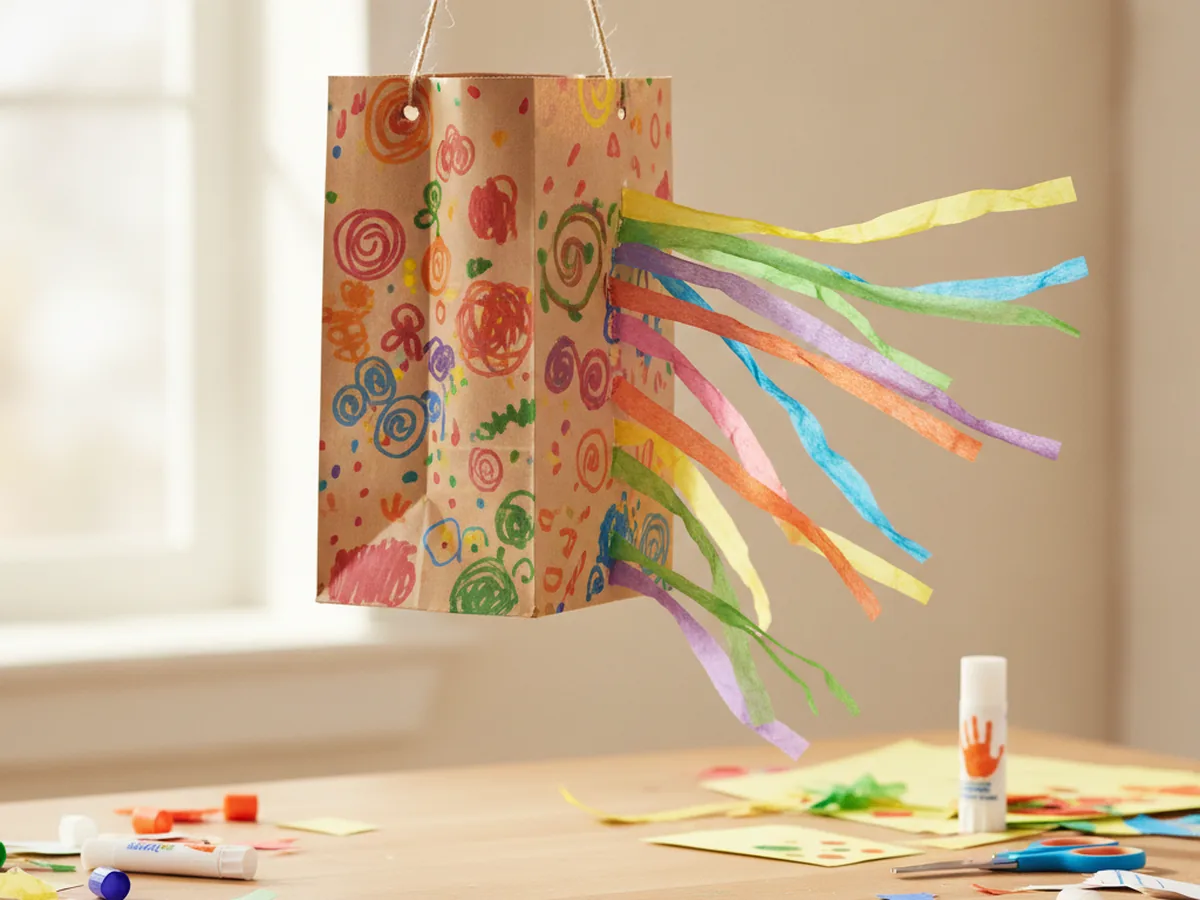 Handmade paper bag windsock decorated with markers and colorful tissue paper streamers hanging from a string