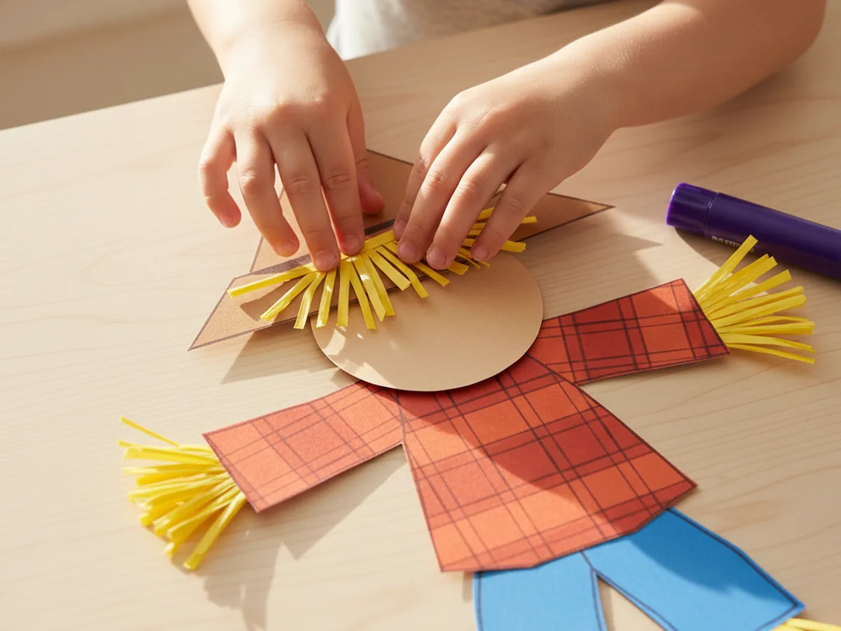 A child pressing small bundles of thin yellow paper straw strips along the bottom edge of the brown hat brim and at the sleeve and pant corners of a paper scarecrow body on a craft table